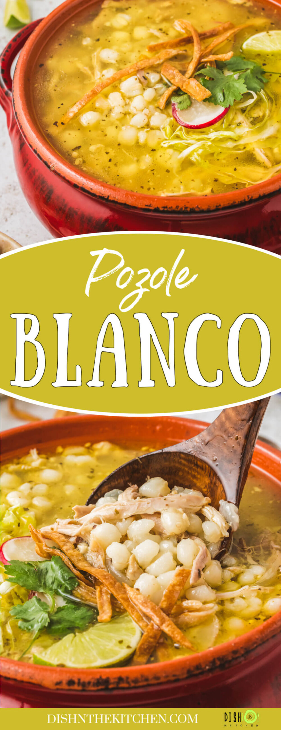 Pinterest image featuring bright terra cotta pots filled with Pozole blanco featuring white hominy, cilantro, radishes, cabbage, lime wedge, and strips of fried tortilla.