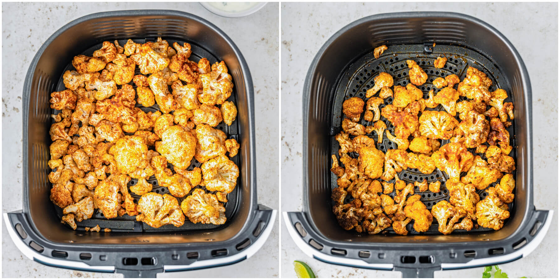 A series of two process images showing spiced raw cauliflower and cooked cauliflower in an air fryer basket.
