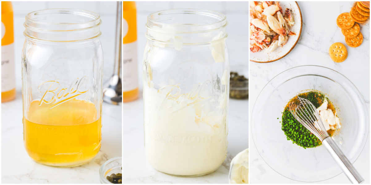 A series of process images showing how to make Cajun aioli in a mason jar.