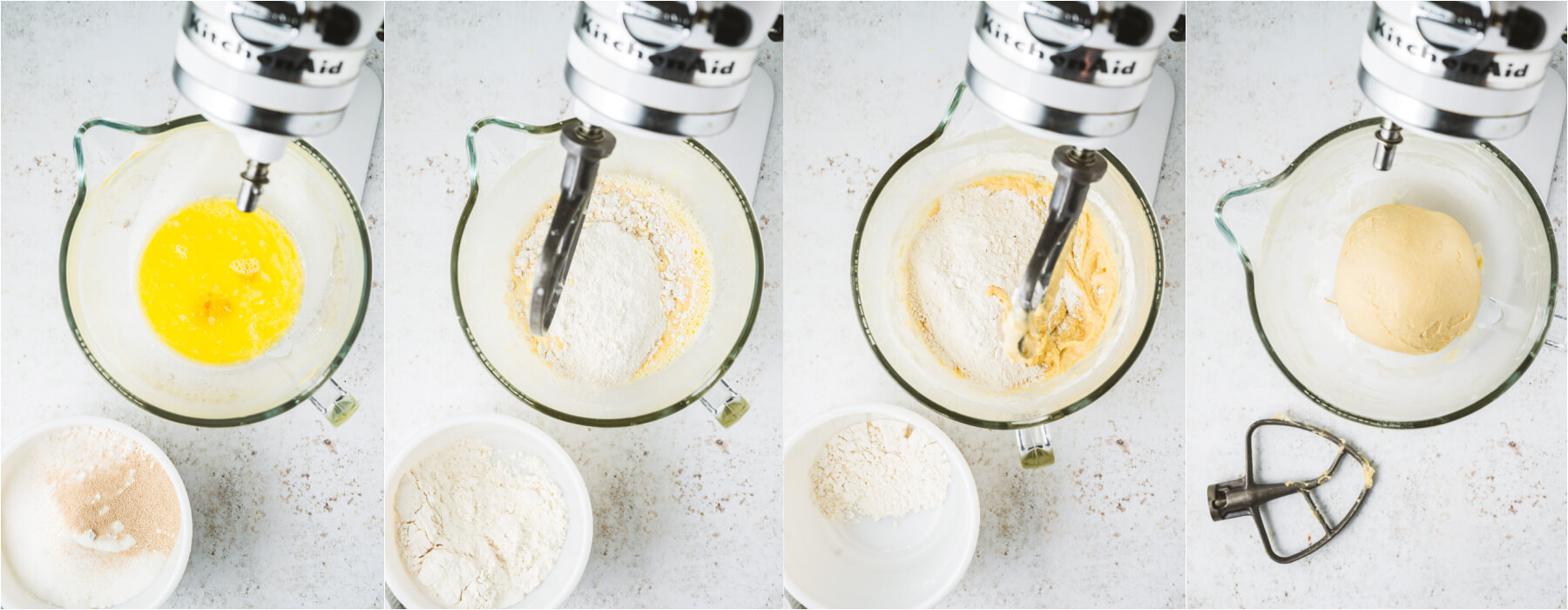 A series of images showing how to mix up dough in a stand mixer.