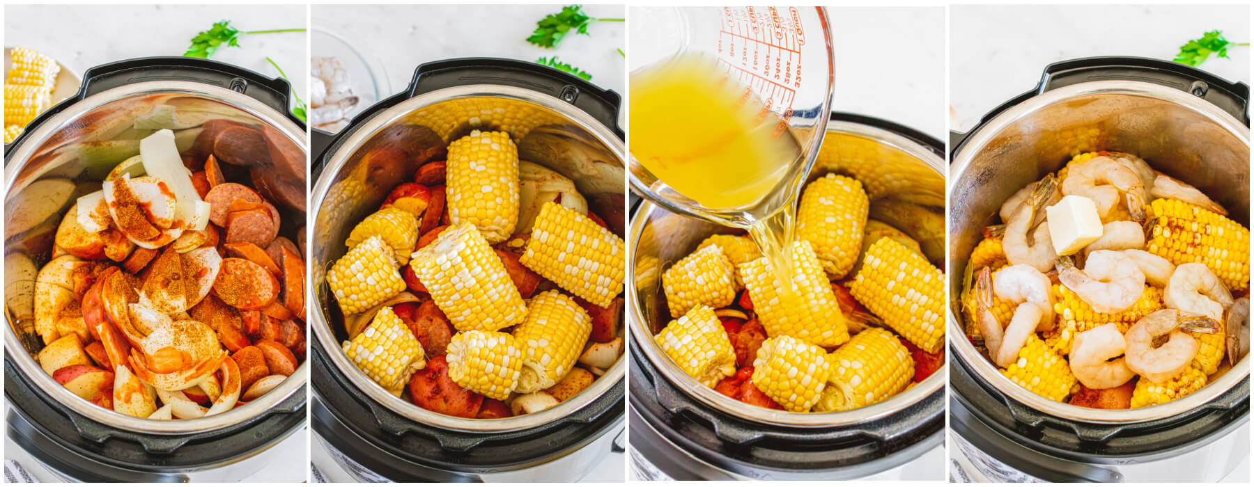 Process images showing the different stages of making an instant pot shrimp boil.