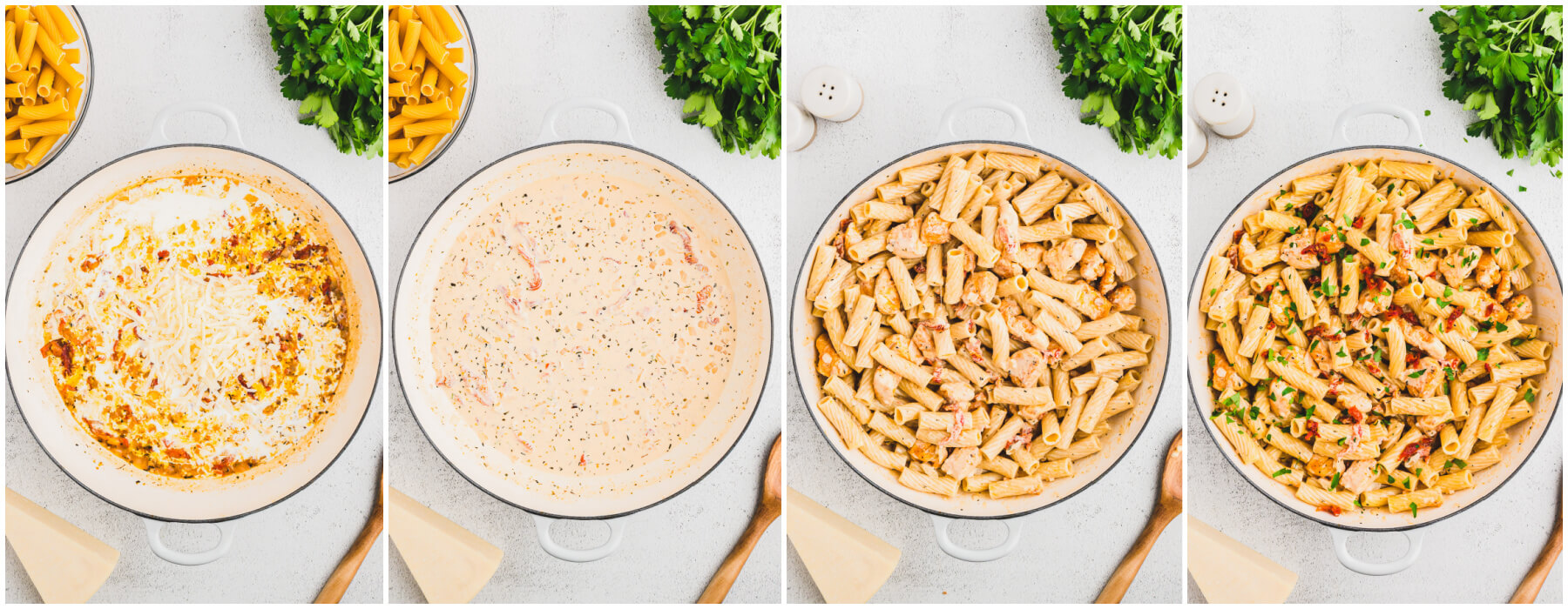 A series of process photos showing how to make the creamy sauce for Marry Me Chicken Pasta.