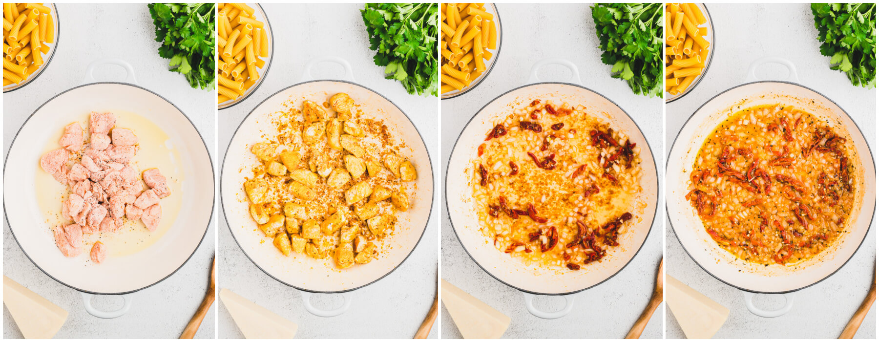 A series of process photos showing how to cook chicken and aromatics for Marry Me Chicken Pasta.