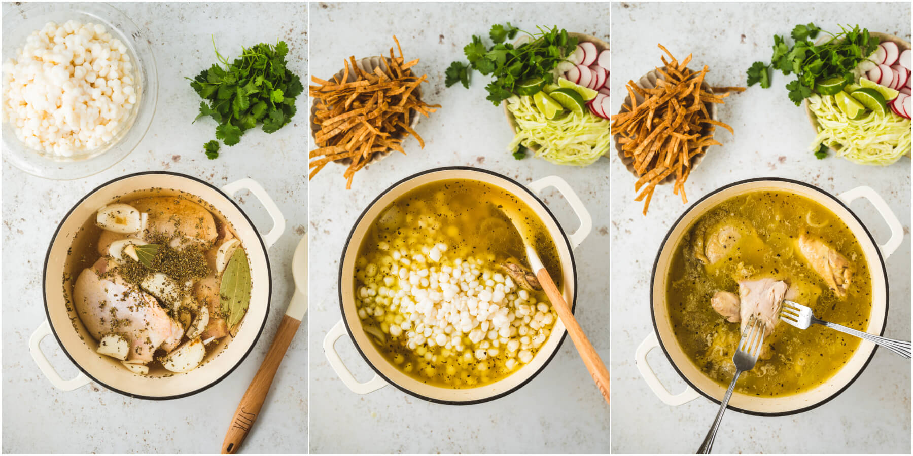 A series of process images showing how to make homemade Pozole Blanco.