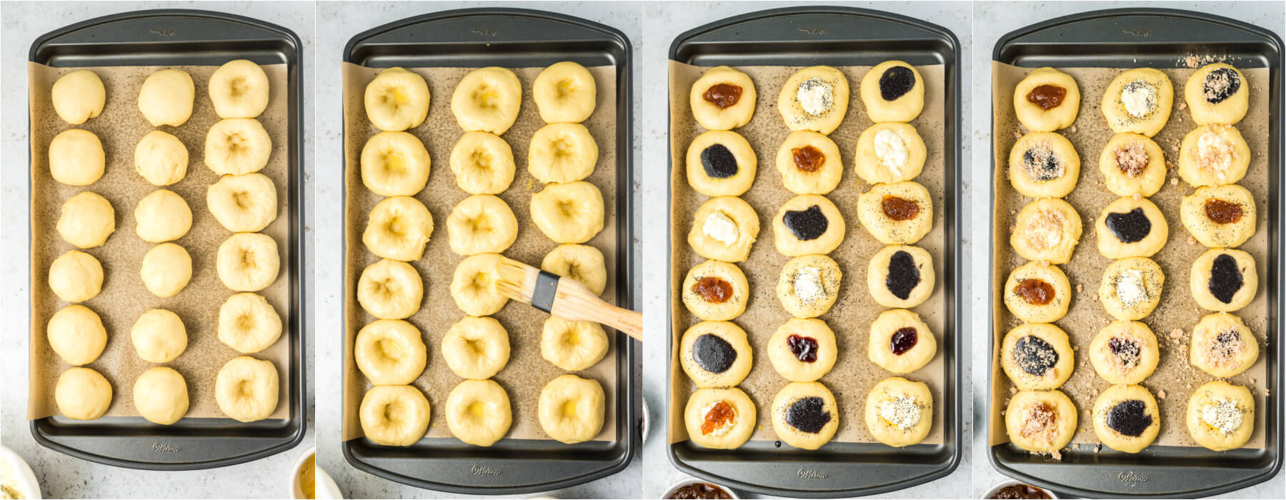 A series of process images showing how to fill and bake kolaches.