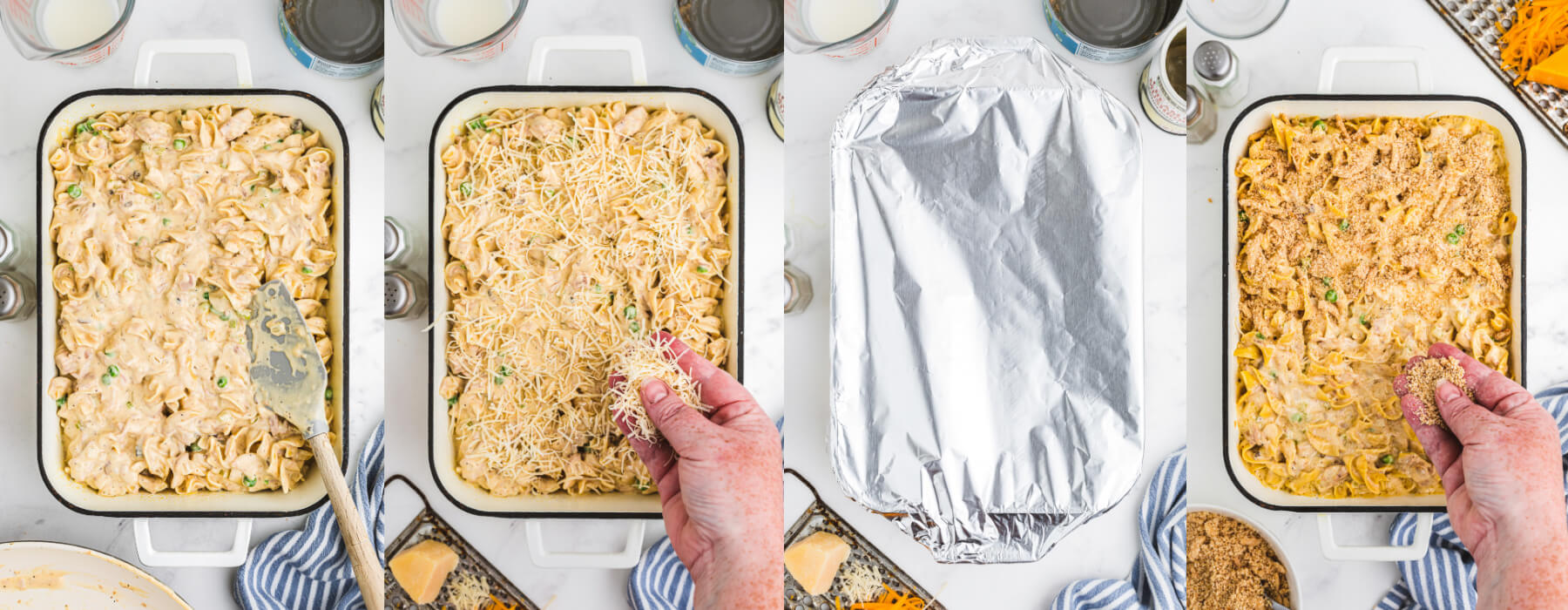 A series of process images showing how to add the top layer of cheese and breadcrumbs on a casserole before baking.