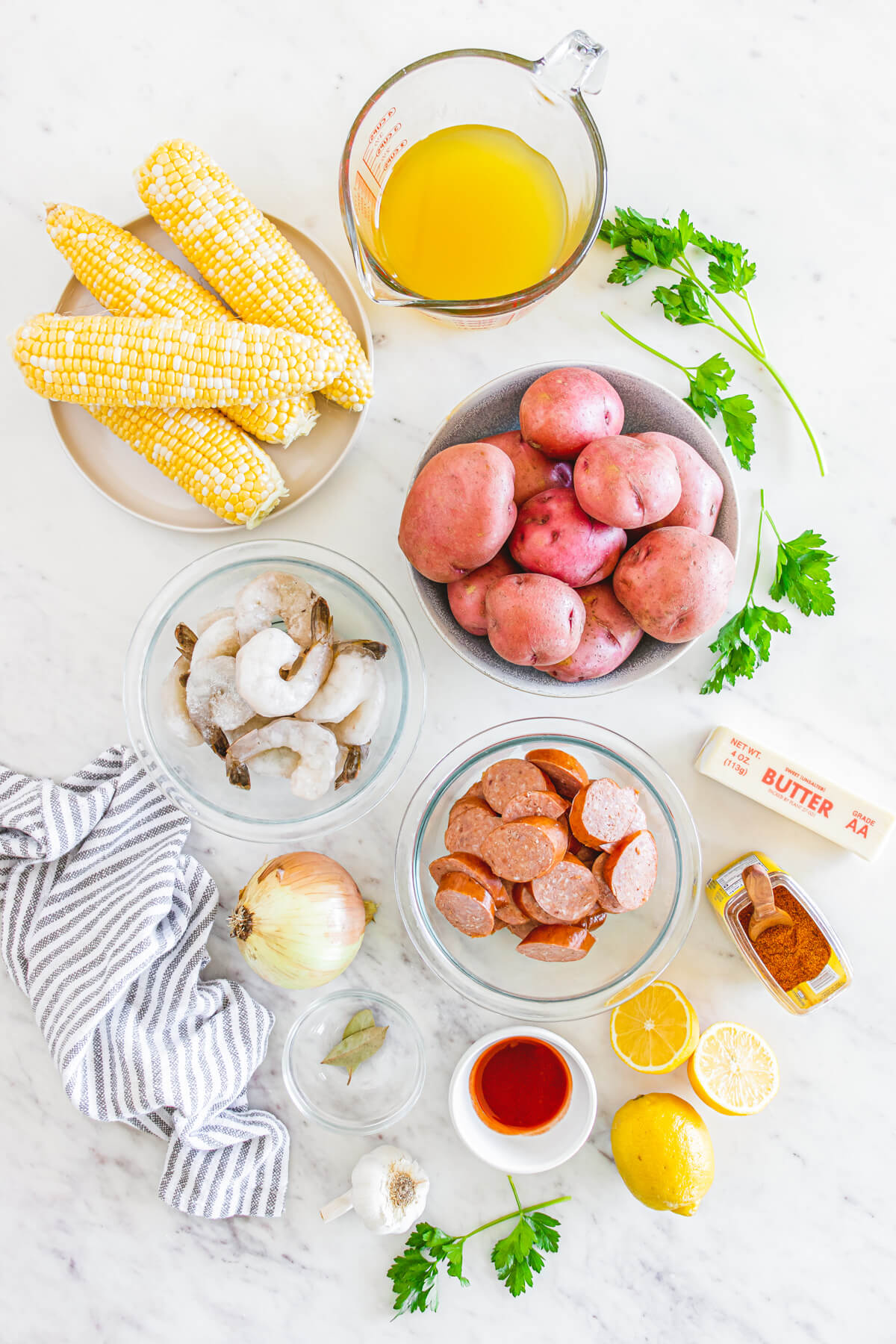 Ingredients required to make a low country shrimp boil in an Instant Pot.