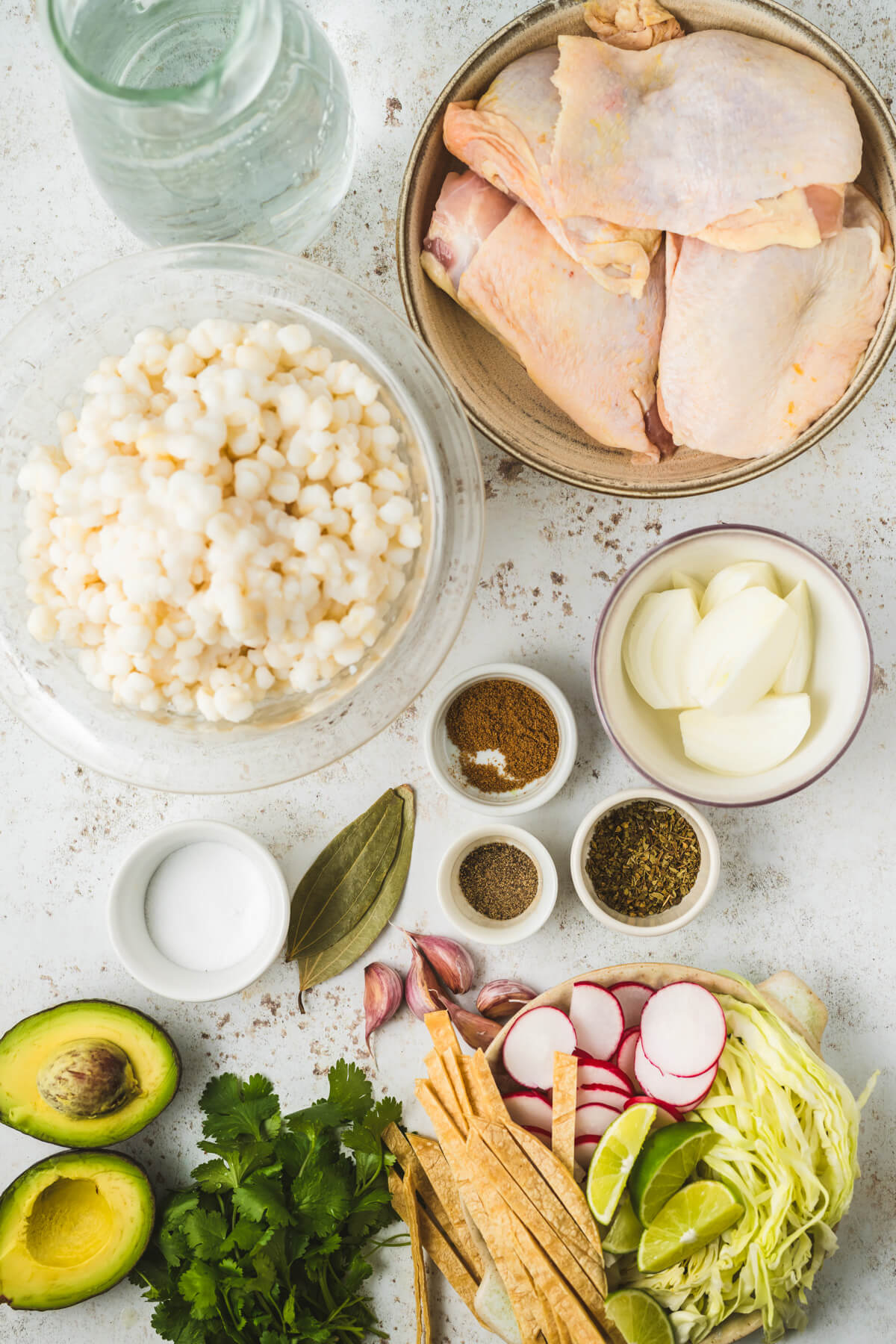 Ingredients required to make and garnish Pozole Blanco.