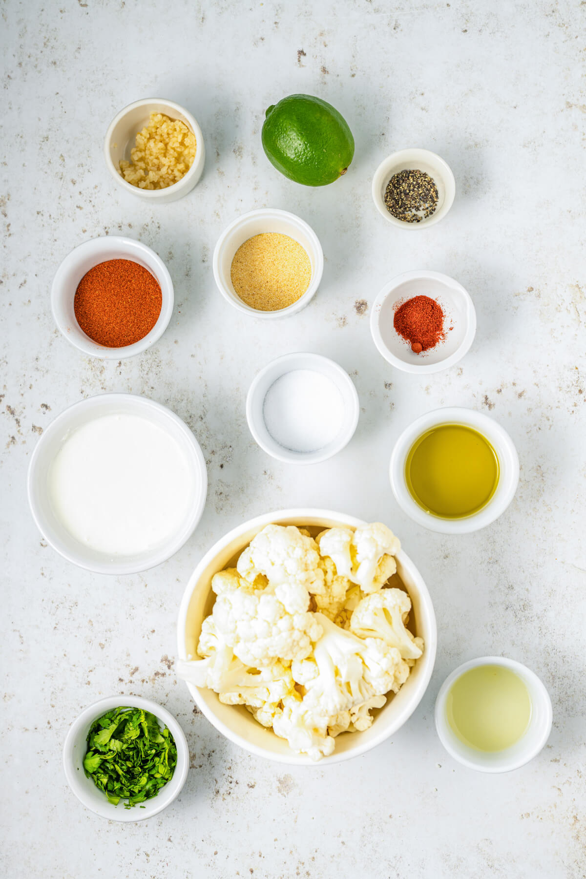 Ingredients required to make curried Air Fryer Cauliflower and a delicious creamy dip. 