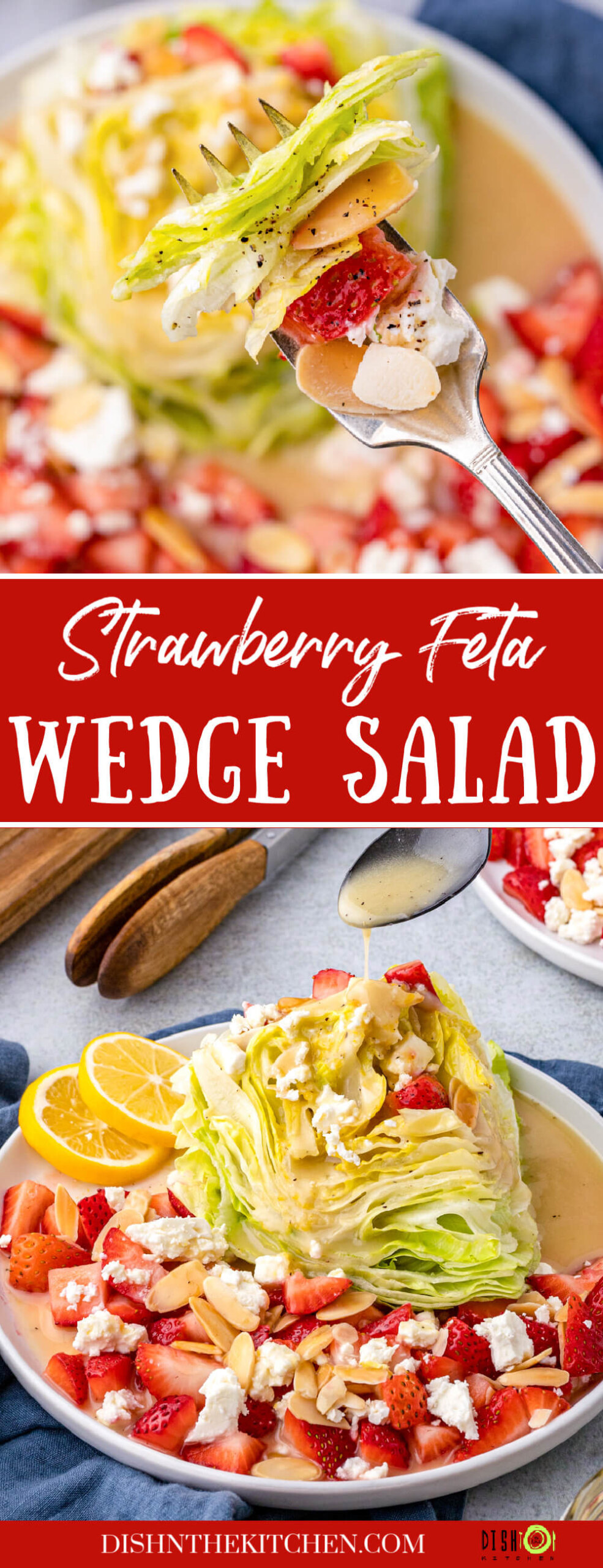 Pinterest image of a plated wedge salad topped with strawberries, feta, and lemon vinaigrette.