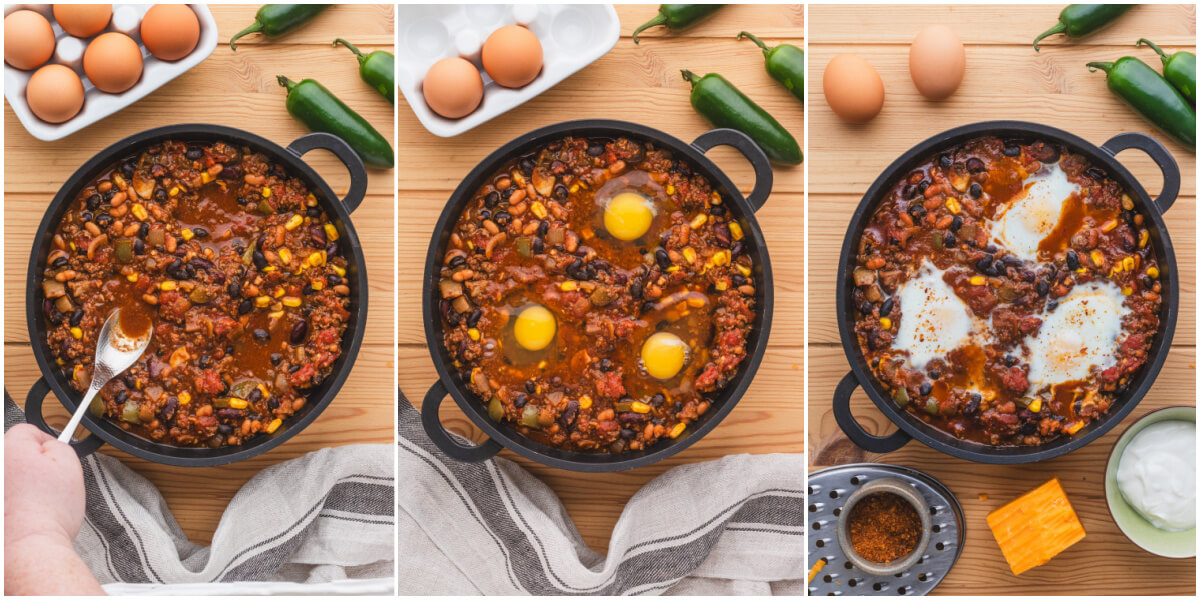 A series of three images showing how to add and cook eggs in leftover chili.