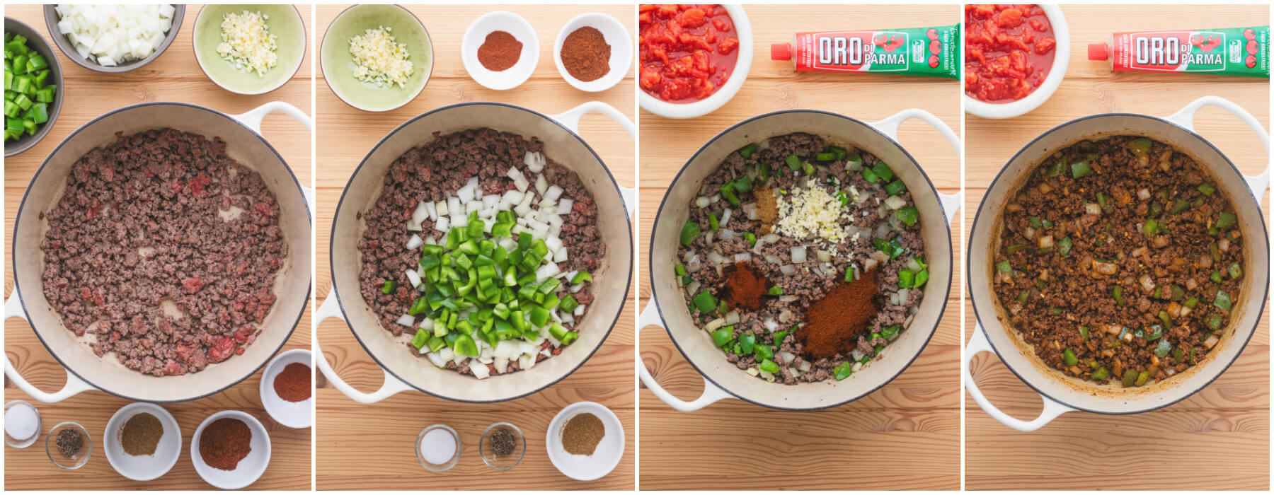 A series of process images showing how to brown ground beef then add aromatics, herbs, and spices.