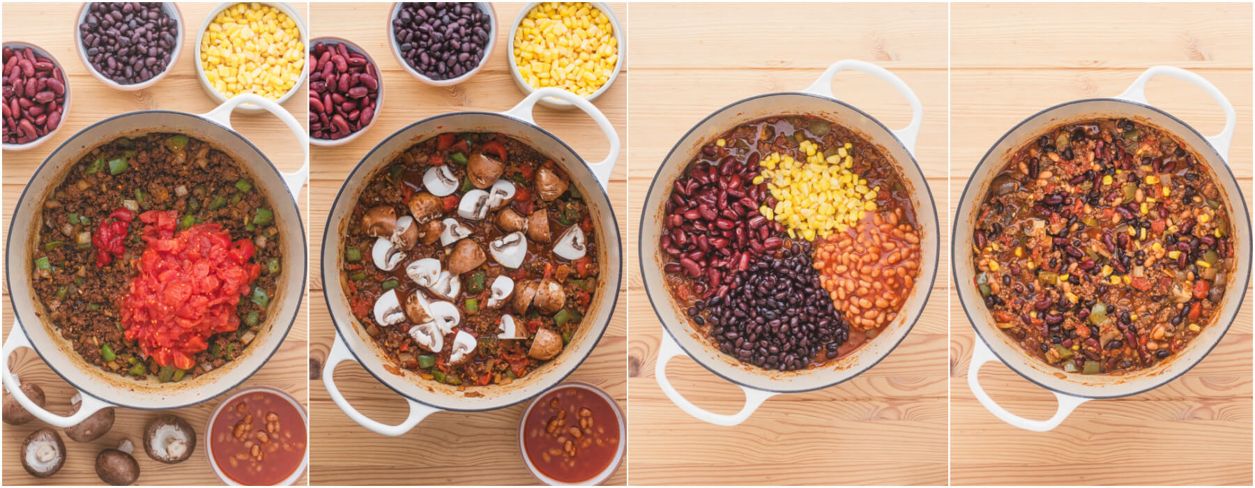 A series of process images showing the different stages of adding ingredients to chili.