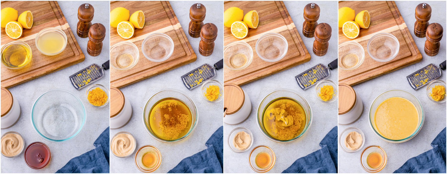 A series of process images showing how to make a lemon vinaigrette.