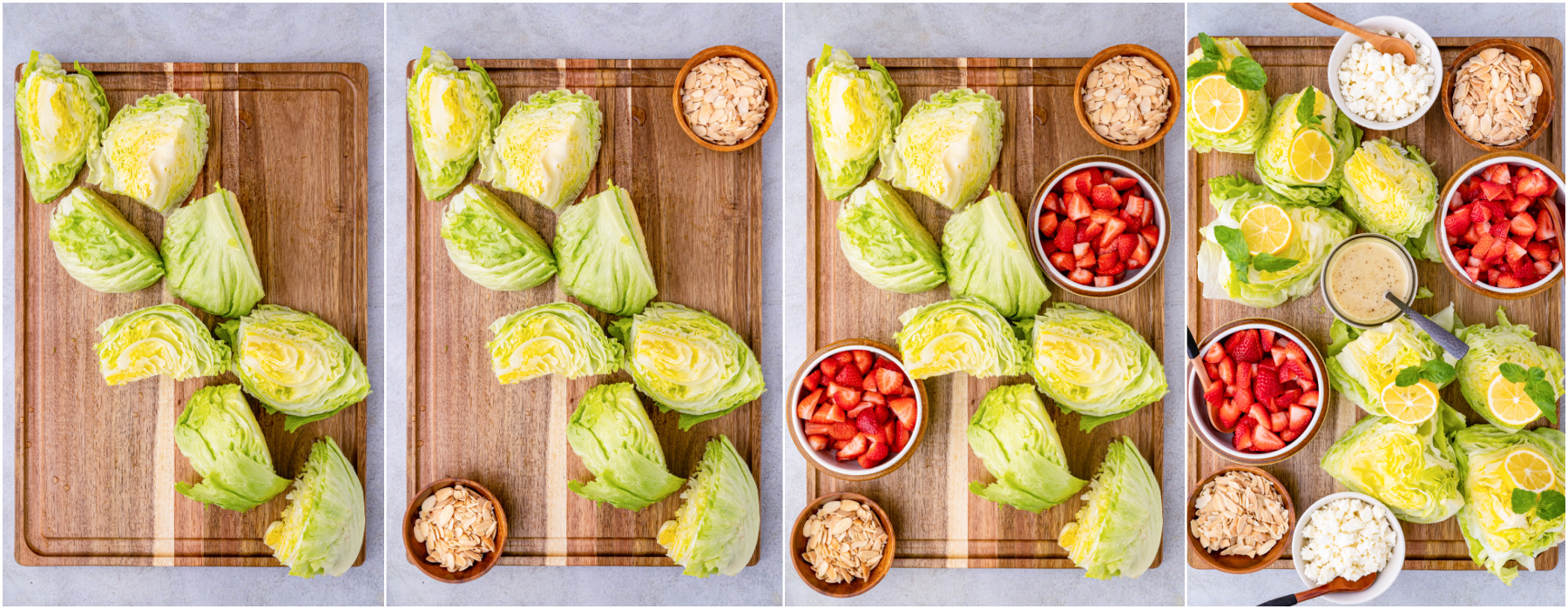 Process images showing how to arrange a Strawberry Feta Wedge Salad on a wooden board.