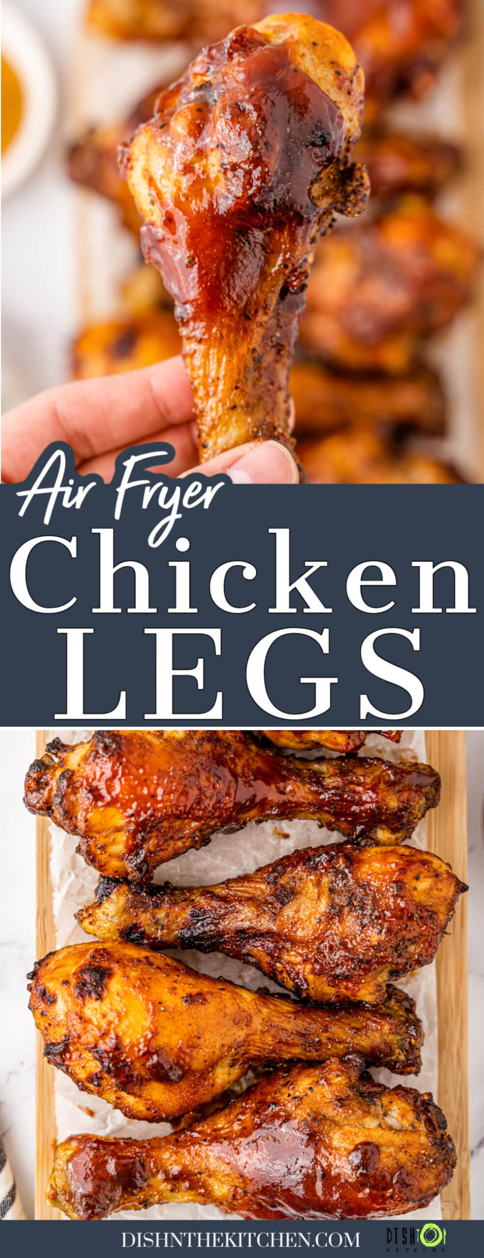 A Pinterest image featuring crispy cooked chicken drumsticks coated in barbecue sauce inside an air fryer and on a platter.