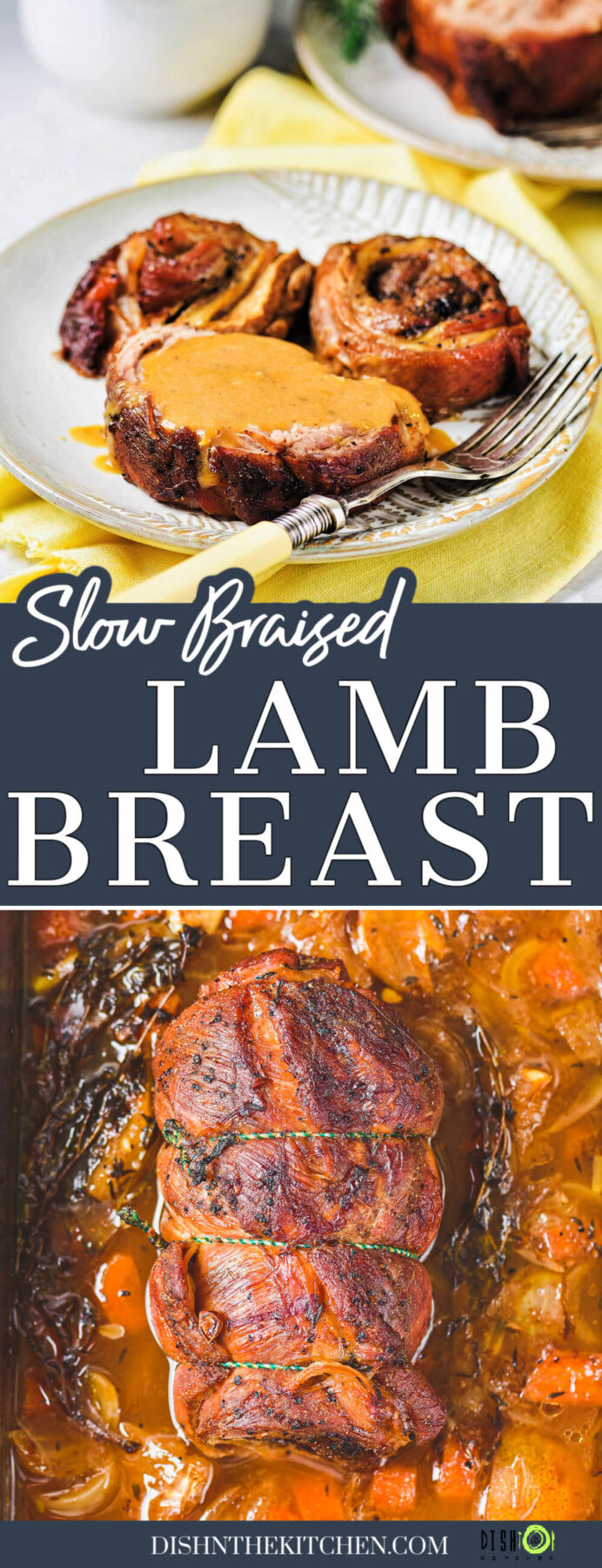 Pinterest image of a white plate containing three slices of braised lamb breast, one covered in gravy and a whole lamb breast roast in a roaster.