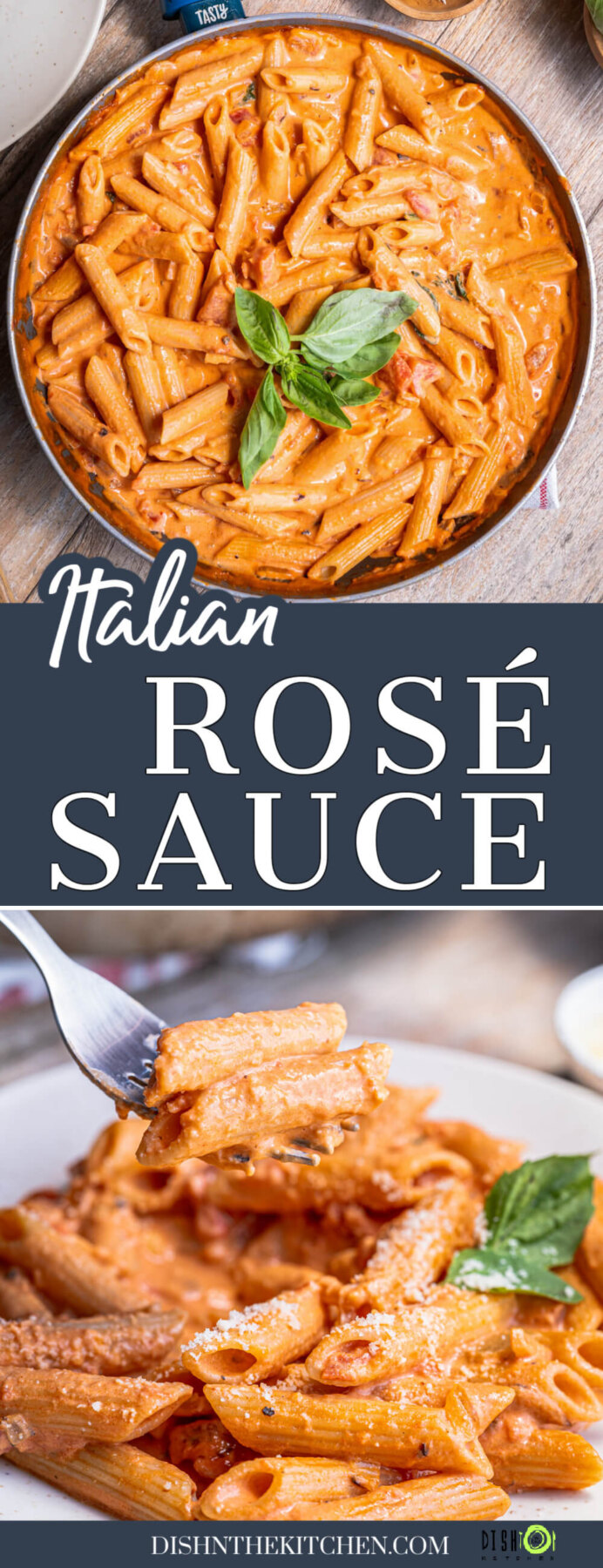 Pinterest image of a skillet and bowl full of cooked penne pasta in a creamy light orange rosé sauce.