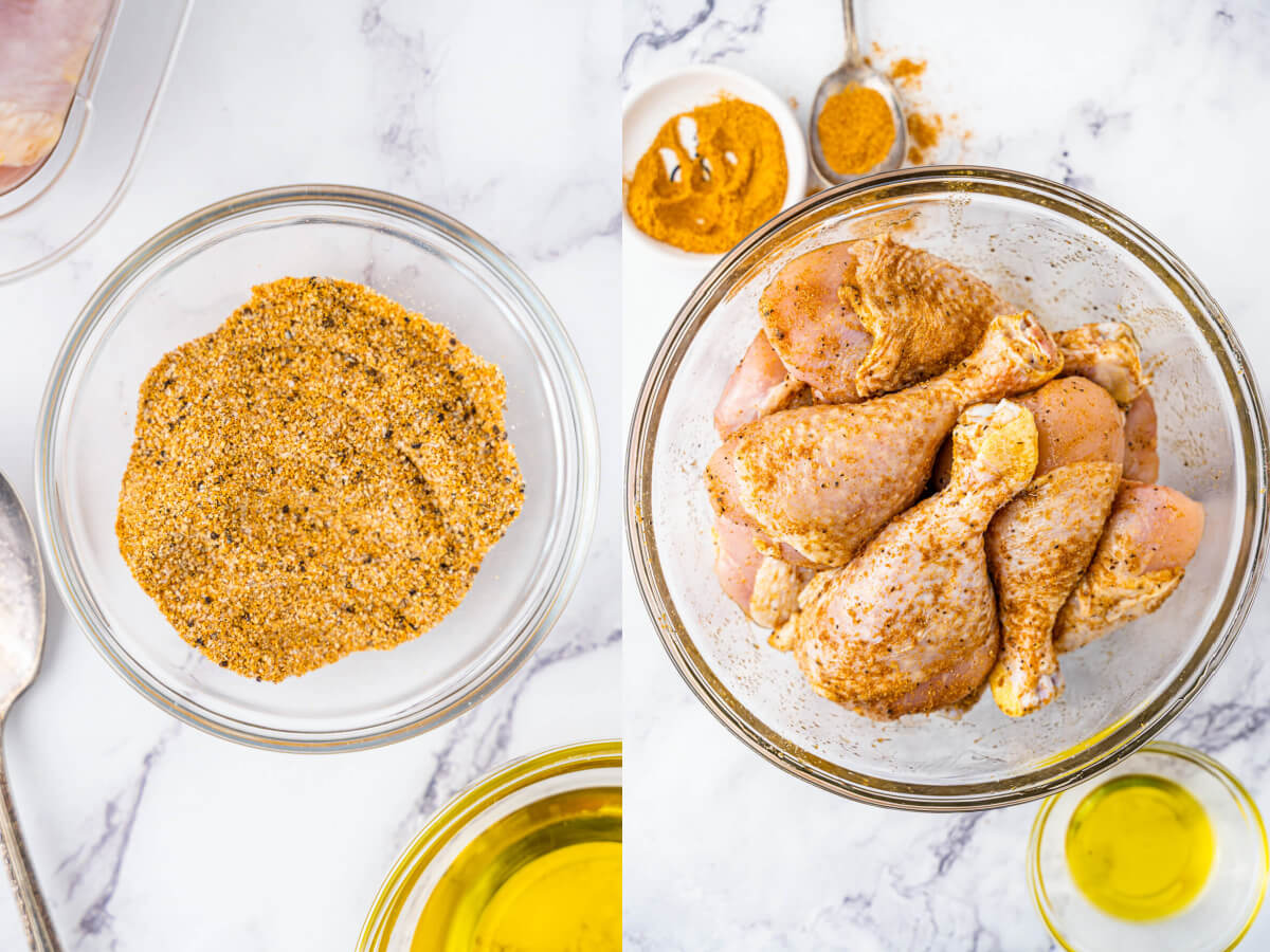 Two process images showing how to coat chicken legs in a seasoning mix.