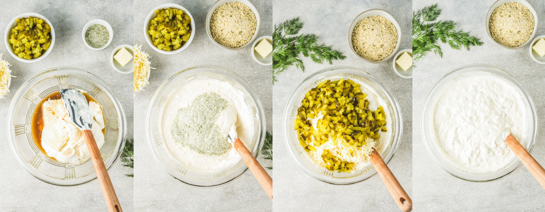 A series of process images showing how to mix up dill pickle dip.