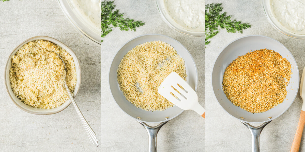 A series of process images showing how to toast panko crumbs in a frying pan.