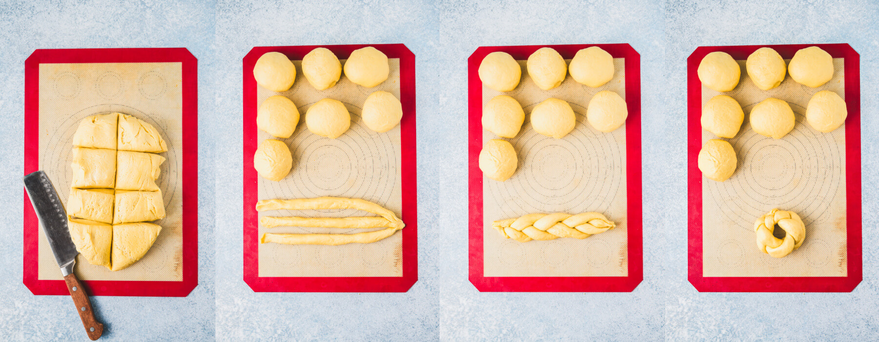 A series of process images showing how to divide, braid, and shape the dough to make Italian Easter Bread.