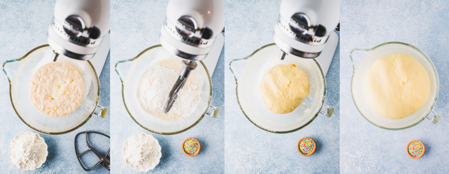 A series of process images showing how to mix and proof dough.