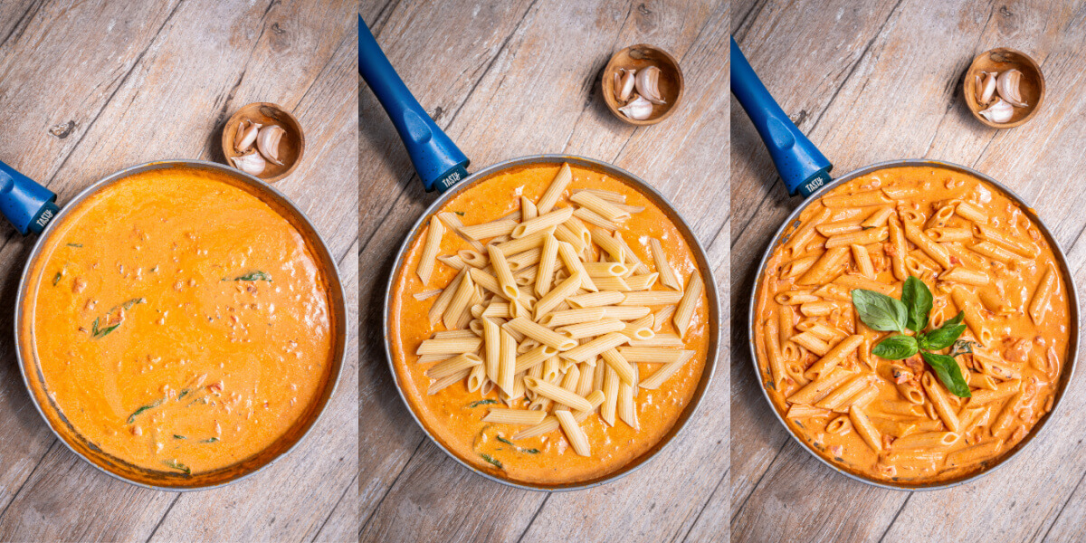 A series of process images showing how to add cooked penne pasta to creamy rosé sauce.