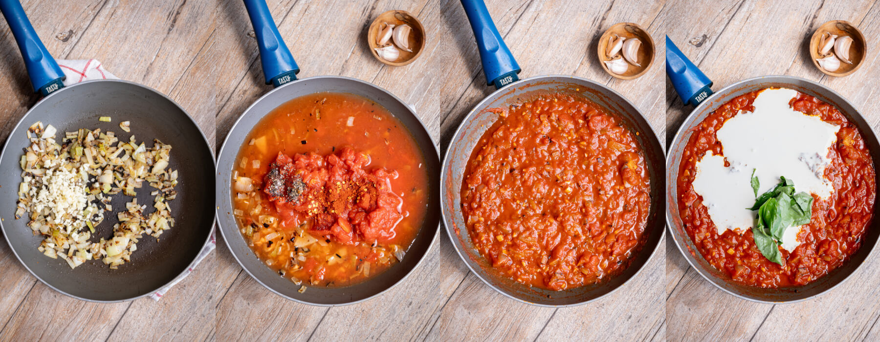 A series of process images showing how to make rosé sauce with vegetables, tomatoes, and cream.