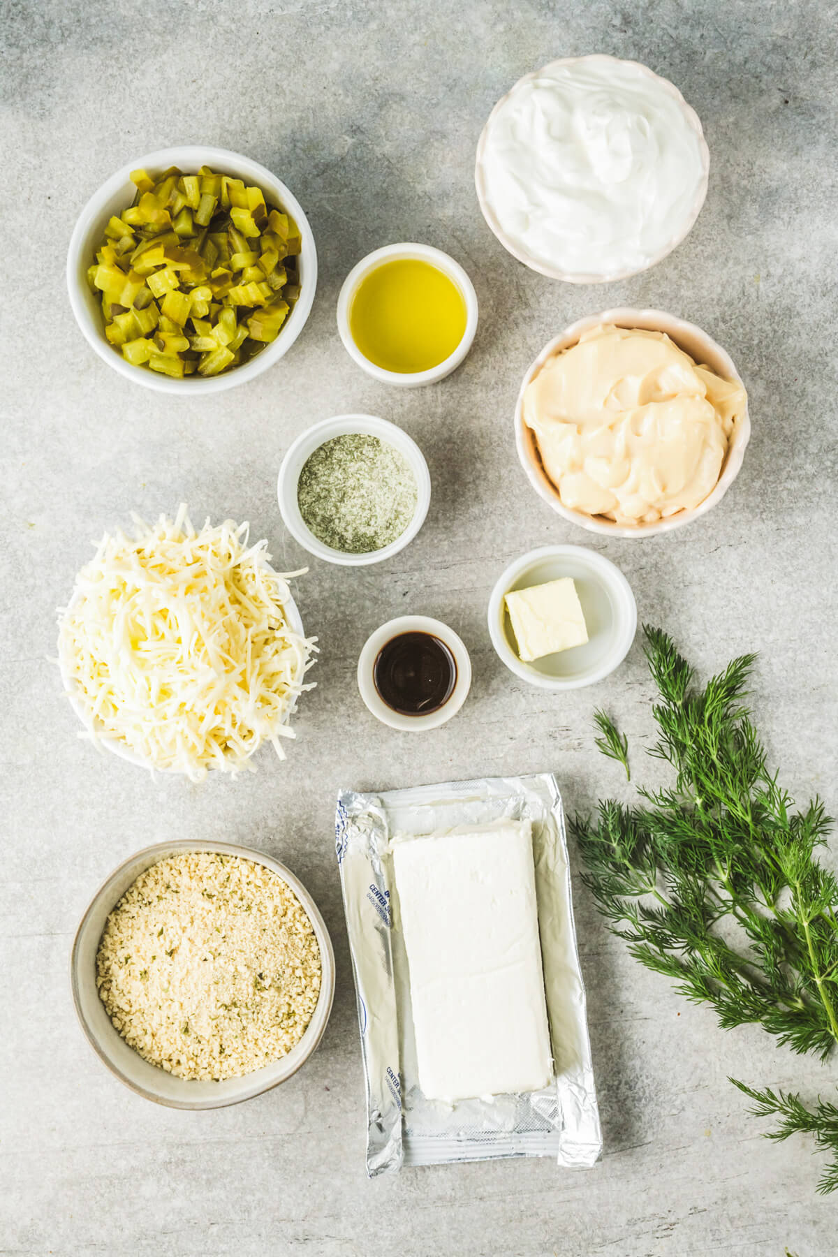 Ingredients required to make dill pickle dip with a crispy panko crumb topping.
