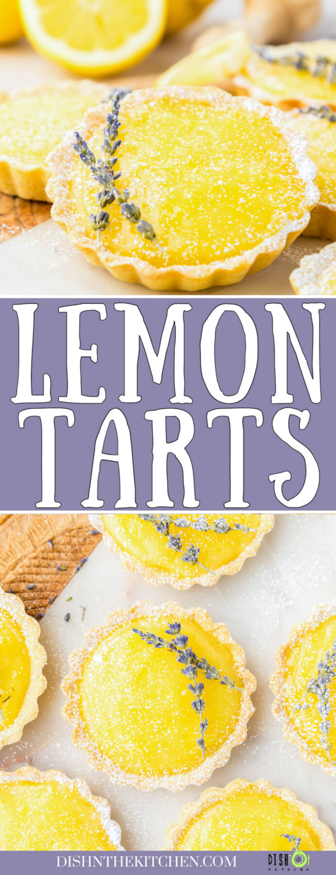 Pinterest image featuring several bright yellow lemon curd tarts garnished with sprigs of purple lavender.