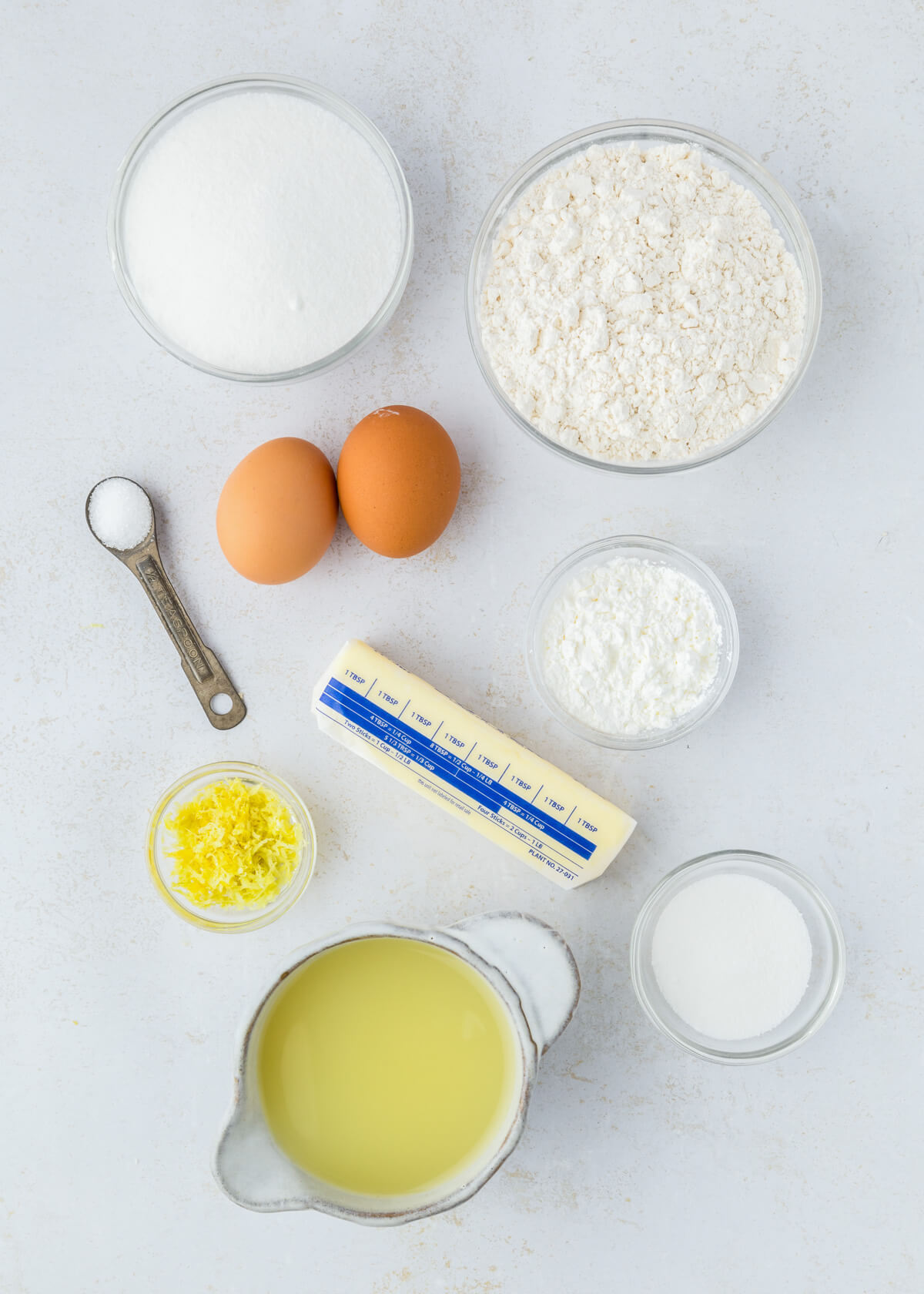 Ingredients required to make lemon curd tarts.
