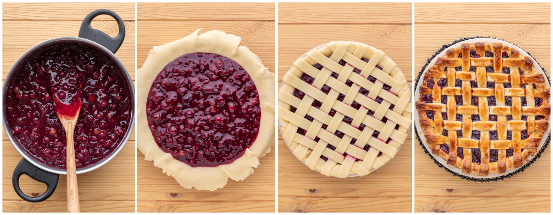 A series of process photos showing how to make grape pie filling, fill and bake a grape pie.