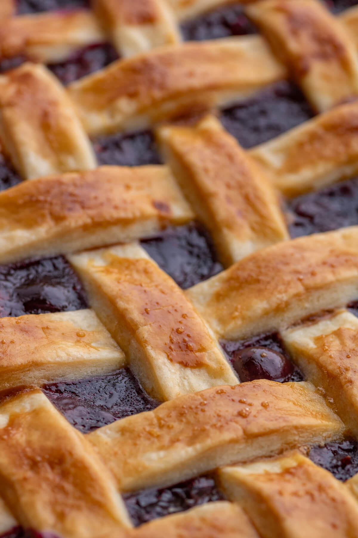 Close up photo of golden baked pie lattice.
