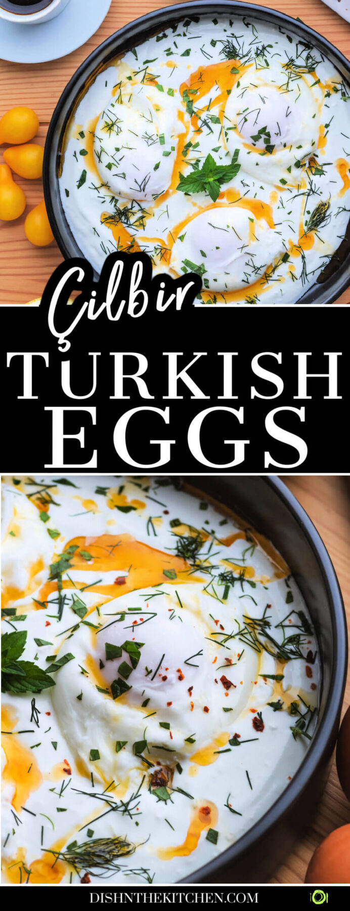 A Pinterest image featuring a black bowl filled with garlic yogurt, poached eggs, vibrant fresh herbs, and bright orange chili oil.