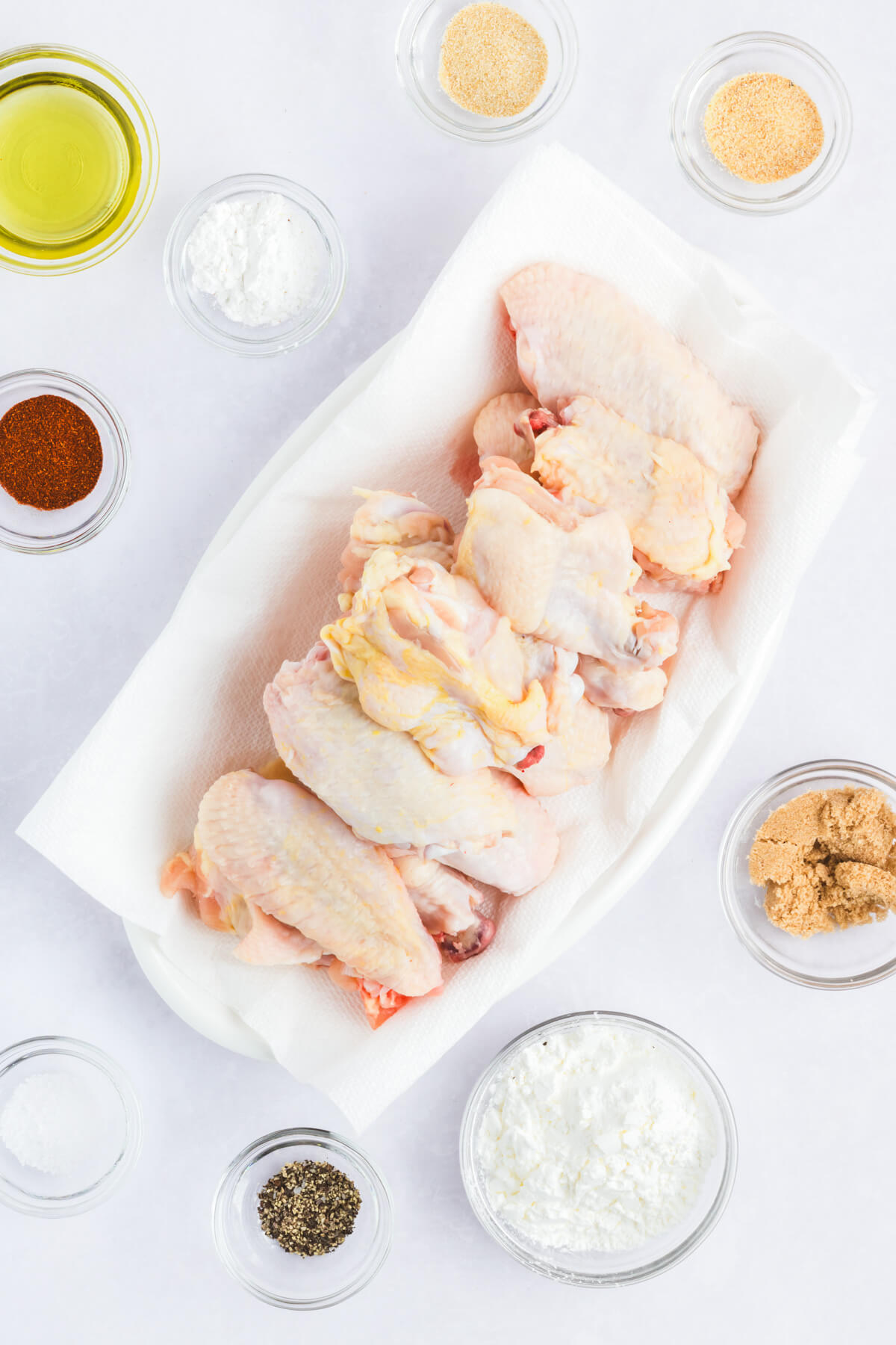 Ingredients required to make hot honey chicken wings.