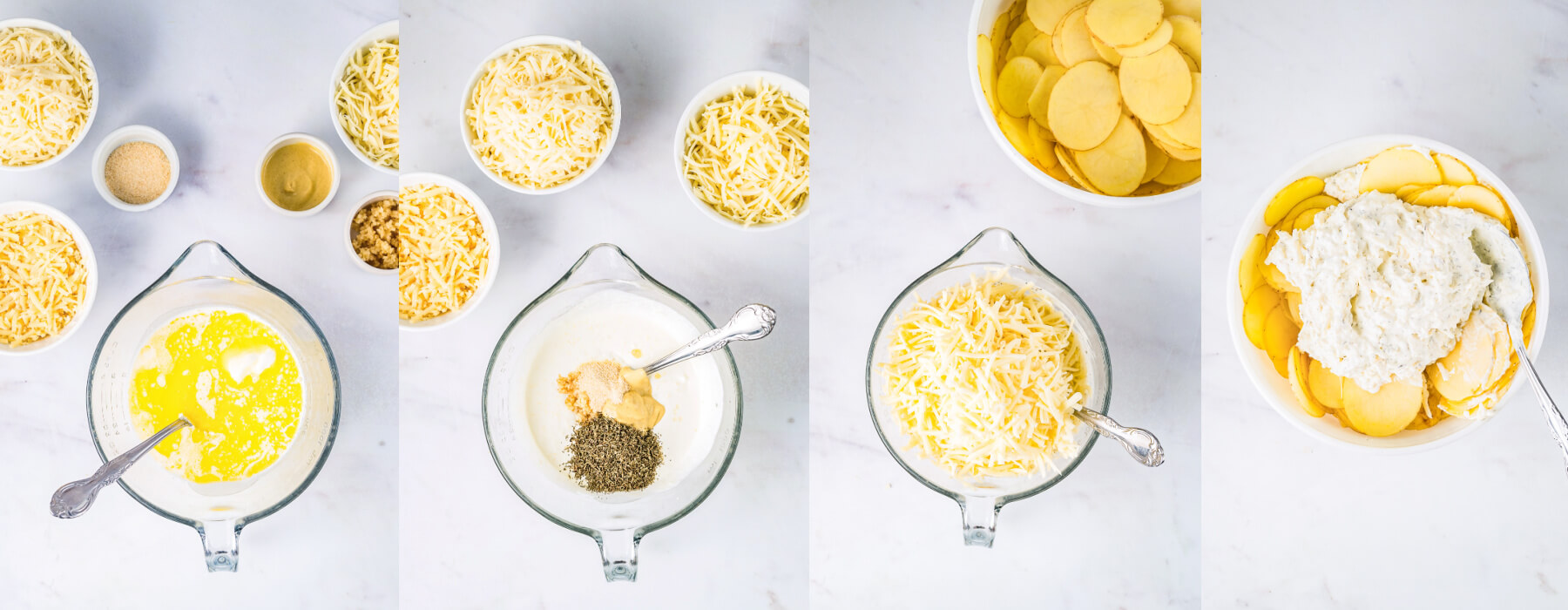 A series of process images showing how to make the creamy cheese mixture for potatoes au gratin.