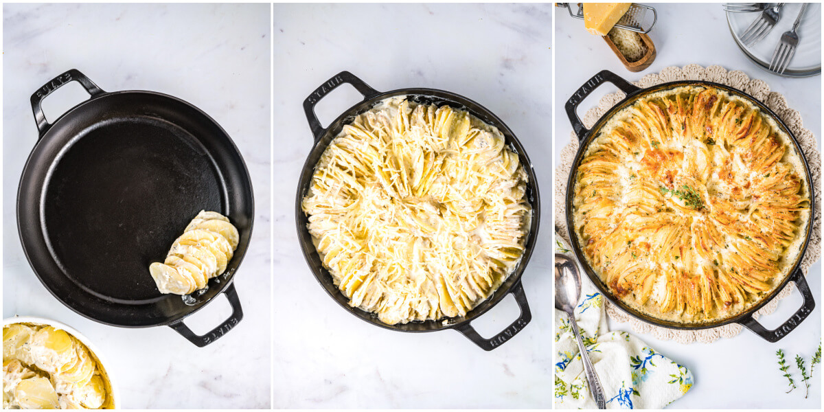 A series of process images showing how to stack potatoes in a baking dish.