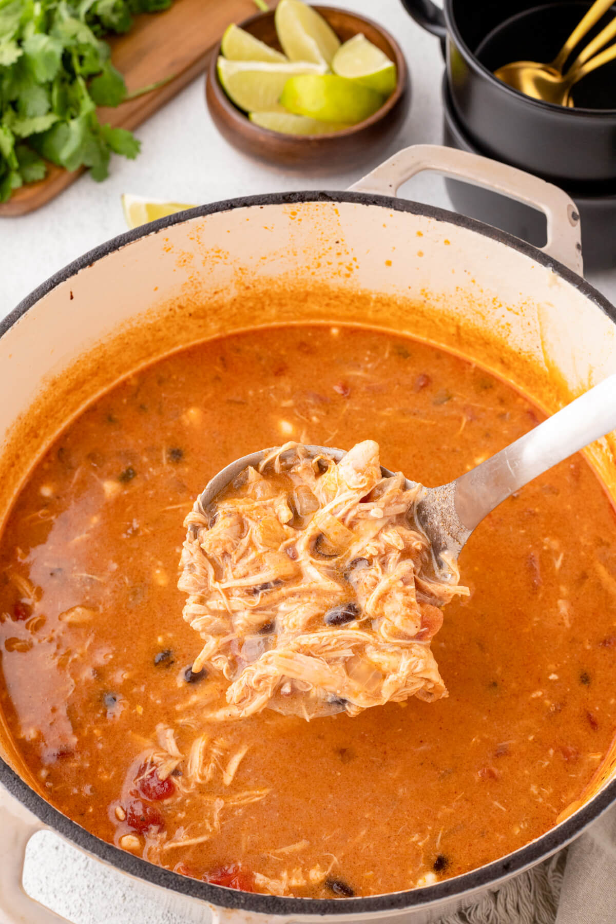 A soup pot full of Creamy Chicken Enchilada Soup surrounded by soup garnishes.