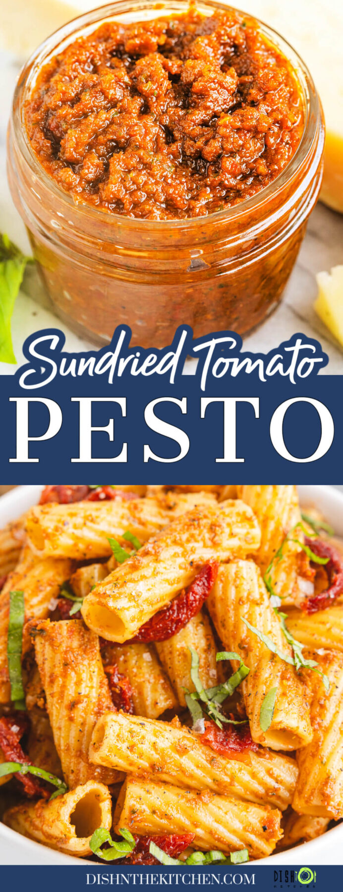 Pinterest image featuring a jar of vibrant Sundried tomato pesto and pasta coated with the same pasta sauce.