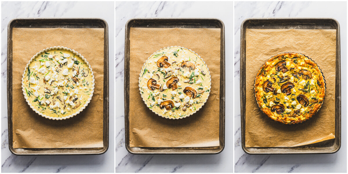 A series of process images showing how to fill and bake a quiche.