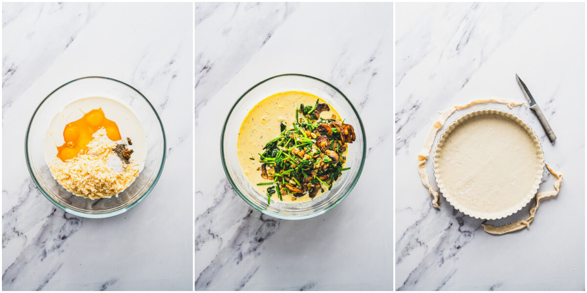 A series of process images showing how to add filling to egg mixture for a spinach mushroom quiche.
