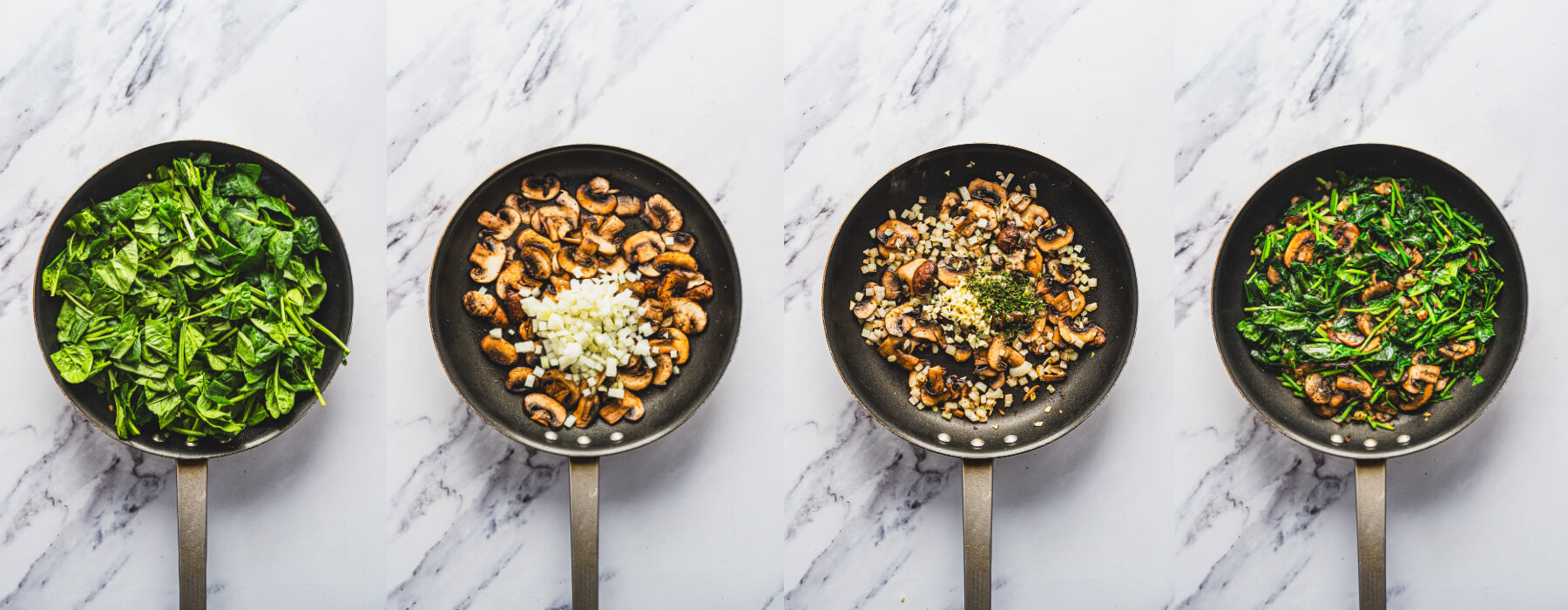 A series of process images showing how to make the filling for a Spinach Mushroom Quiche.