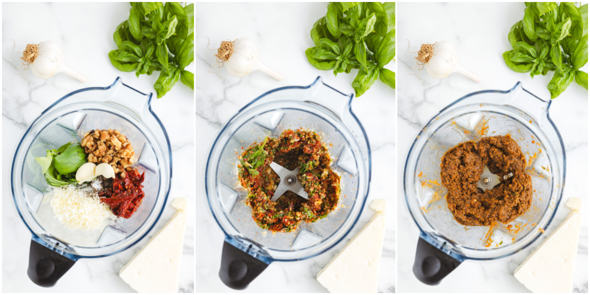 A series of process images showing how to make Sundried Tomato Pesto in a food processor.