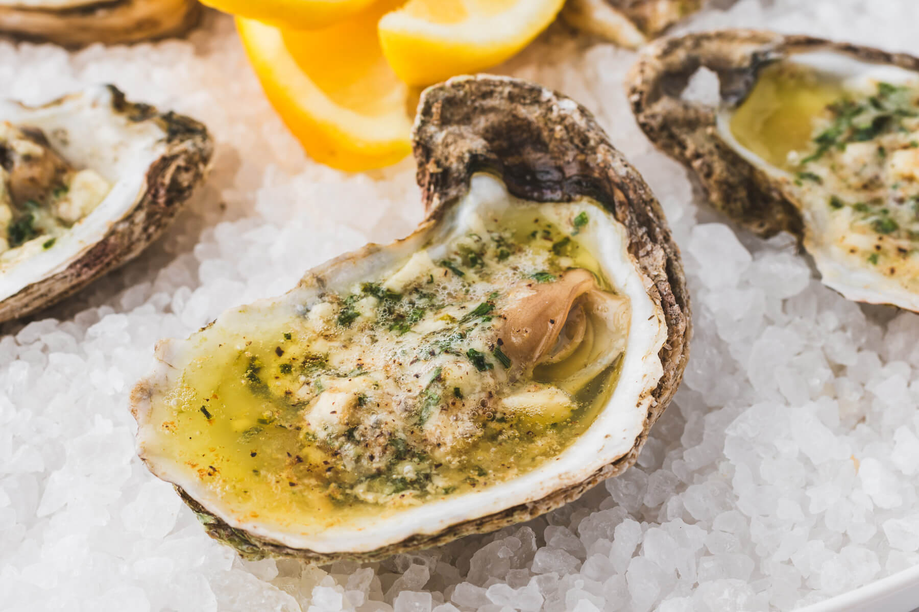 A single perfectly baked oyster topped with Parmesan cheese, garlic and fresh herbs on a bed of rock salt.