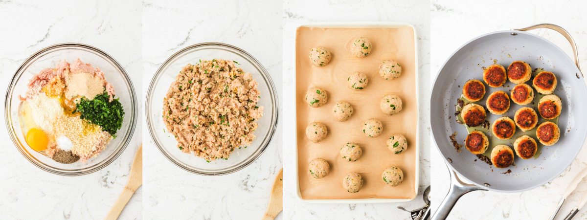 A series of process images showing how to mix, form, and cook chicken meatballs.