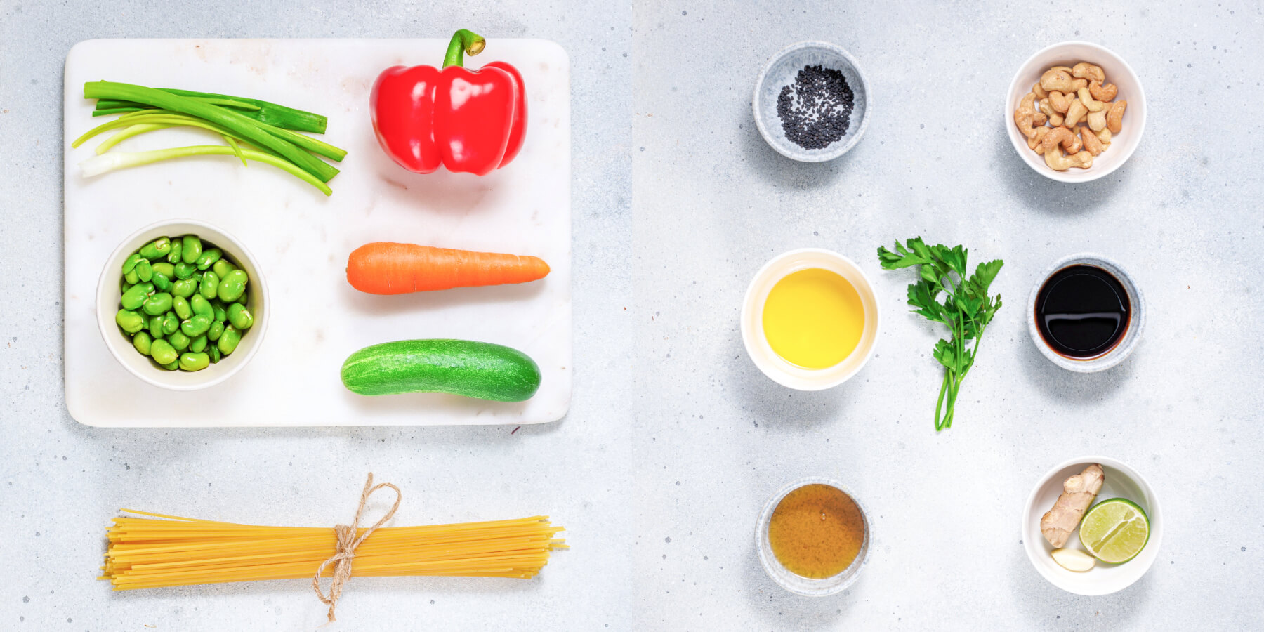 Ingredients required to make an Asian inspired Chilled Noodle Salad. 