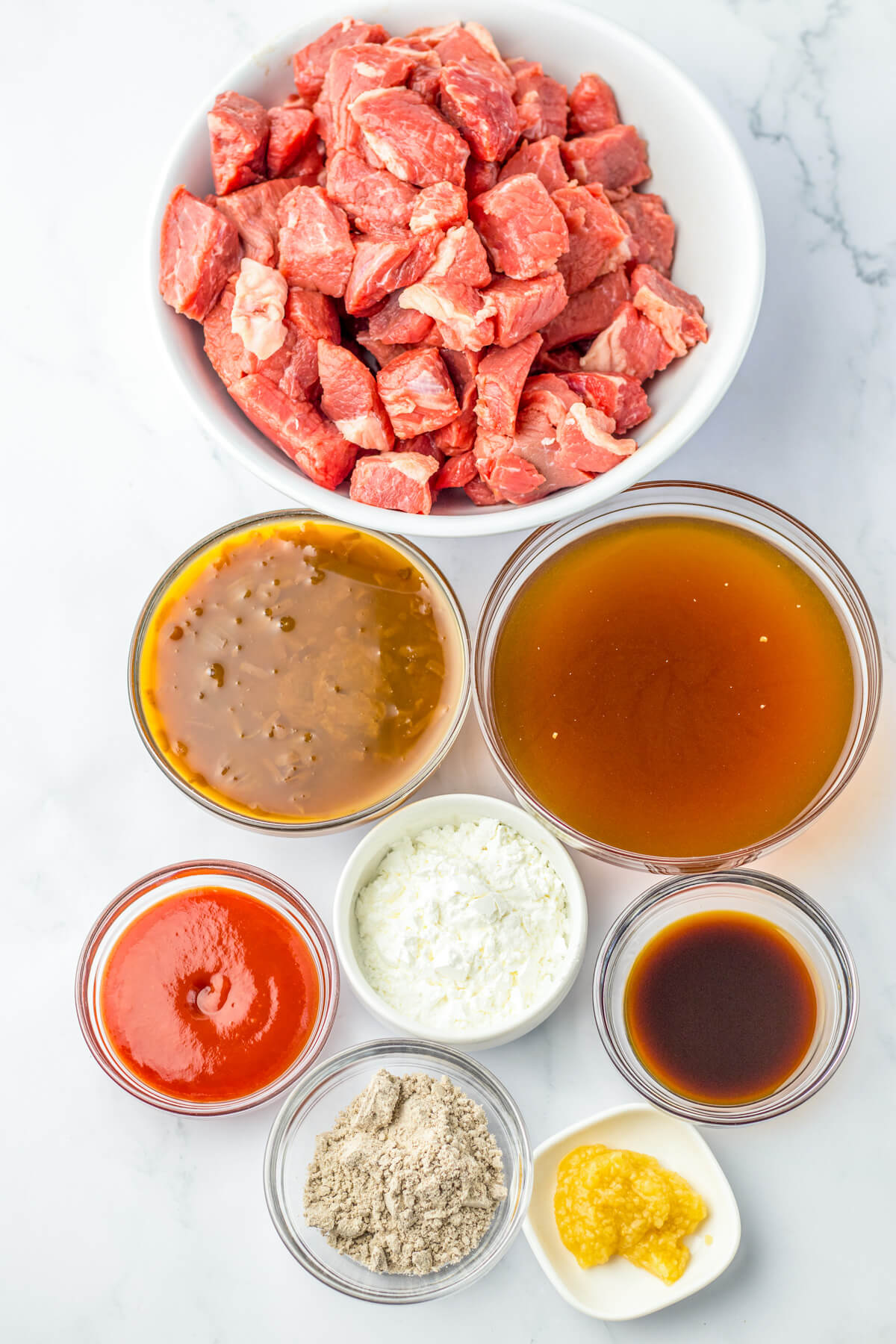 Ingredients required to make slow cooker Beef Tips with Gravy.