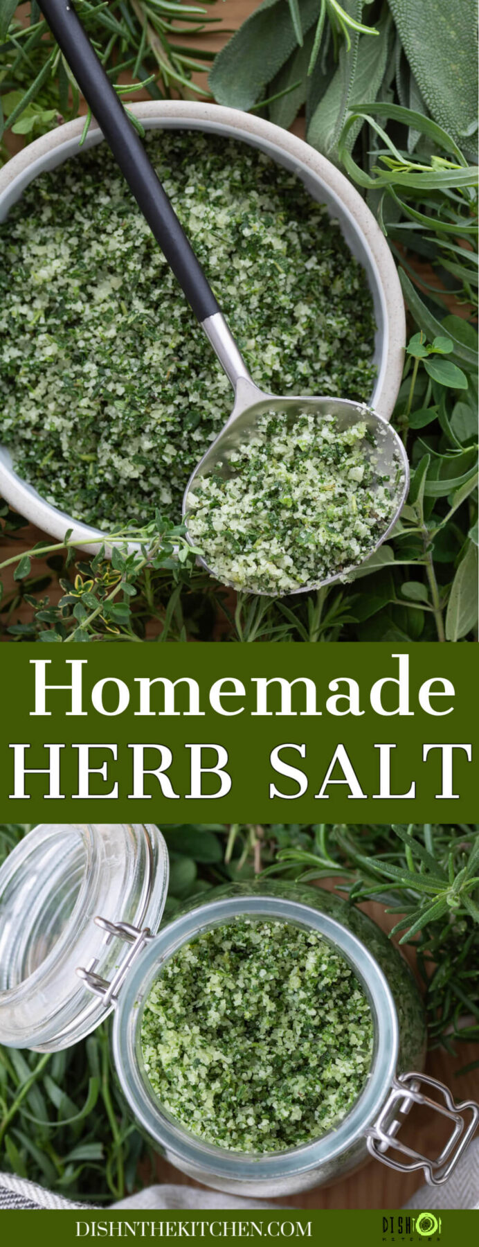 Pinterest image featuring a round dish containing vibrant green herb salt and a jar of herb salt surrounded by green herbs.