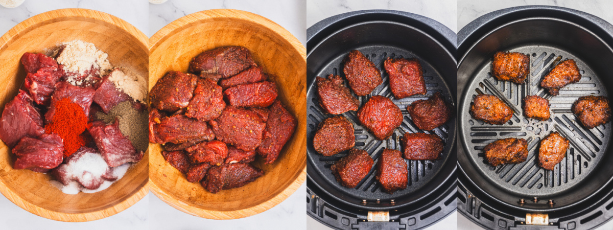 A series of process images showing how to marinate and cook steak bites in an air fryer.